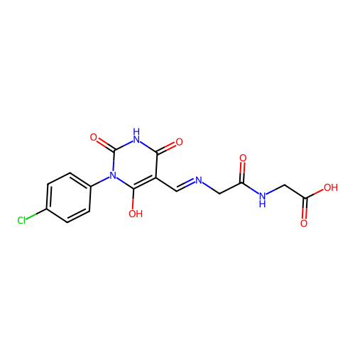 (E)-2-(2-(((1-(4-chlorophenyl)-2,4,6-trioxotetrahydropyrimidin-5(2H)-ylidene)methyl)amino)acetamido)acetic acid structure