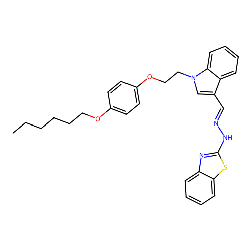 N-[(E)-[1-[2-(4-hexoxyphenoxy)ethyl]indol-3-yl]methylideneamino]-1,3-benzothiazol-2-amine structure