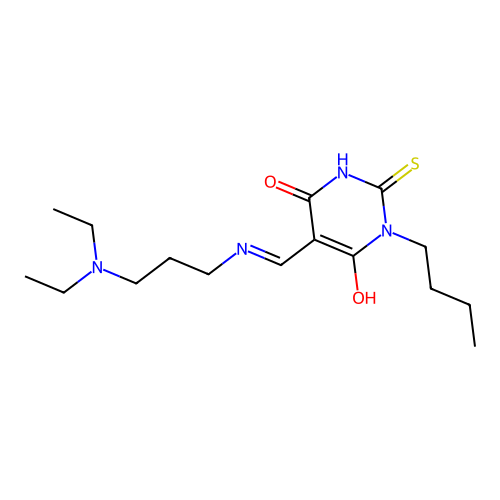 1-butyl-5-[(3-diethylaminopropylamino)methylidene]-2-sulfanylidene-1,3-diazinane-4,6-dione structure