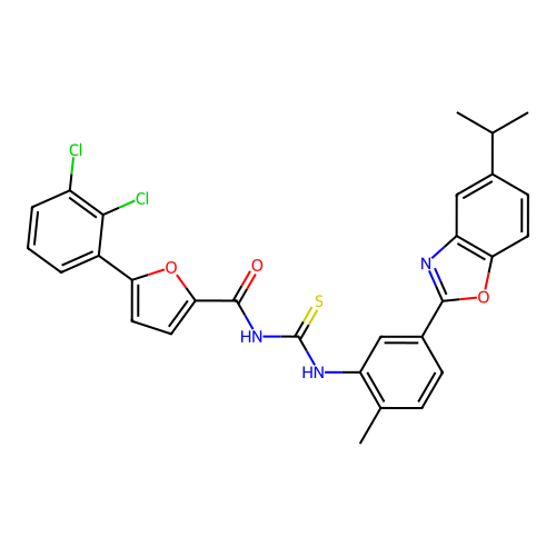 5-(2,3-dichlorophenyl)-N-((5-(5-isopropylbenzo[d]oxazol-2-yl)-2-methylphenyl)carbamothioyl)furan-2-carboxamide structure