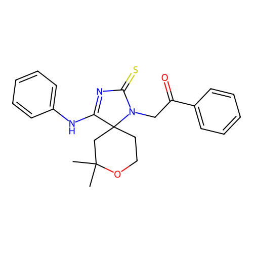 (Z)-2-(7,7-dimethyl-4-(phenylimino)-2-thioxo-8-oxa-1,3-diazaspiro[4.5]decan-1-yl)-1-phenylethanone structure
