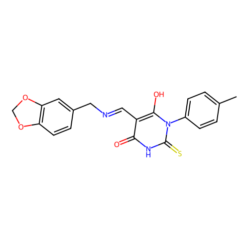 (5E)-5-[(1,3-benzodioxol-5-ylmethylamino)methylidene]-1-(4-methylphenyl)-2-sulfanylidene-1,3-diazinane-4,6-dione structure