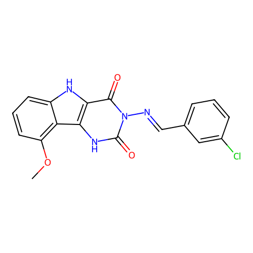(E)-3-((3-chlorobenzylidene)amino)-9-methoxy-1H-pyrimido[5,4-b]indole-2,4(3H,5H)-dione structure