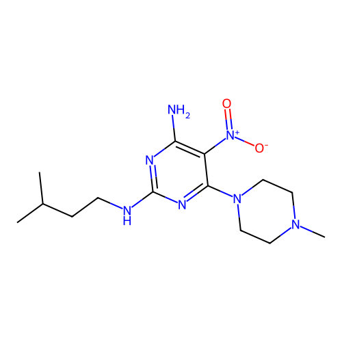 N~2~-(3-methylbutyl)-6-(4-methylpiperazin-1-yl)-5-nitropyrimidine-2,4-diamine structure
