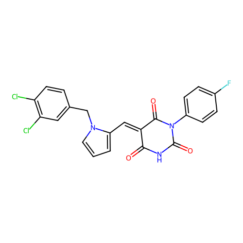 (5E)-5-[[1-[(3,4-dichlorophenyl)methyl]pyrrol-2-yl]methylidene]-1-(4-fluorophenyl)-1,3-diazinane-2,4,6-trione structure