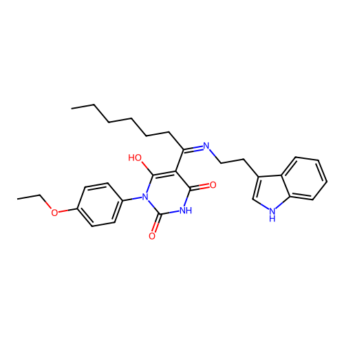 1-(4-ethoxyphenyl)-5-[1-[2-(1H-indol-3-yl)ethylamino]heptylidene]-1,3-diazinane-2,4,6-trione structure
