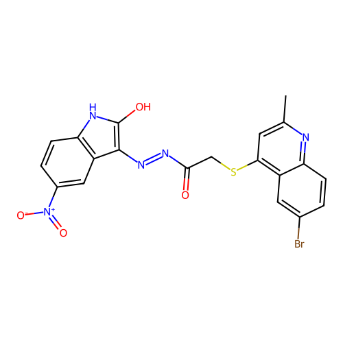 2-(6-bromo-2-methyl-quinolin-4-yl)sulfanyl-N'-(5-nitro-2-oxo-indol-3-yl)acetohydrazide structure