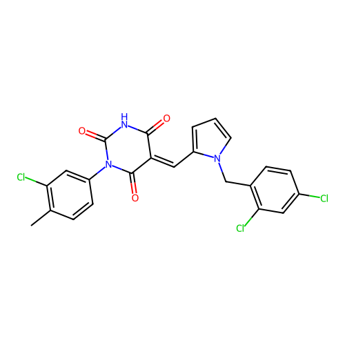 (5E)-1-(3-chloro-4-methylphenyl)-5-[[1-[(2,4-dichlorophenyl)methyl]pyrrol-2-yl]methylidene]-1,3-diazinane-2,4,6-trione structure