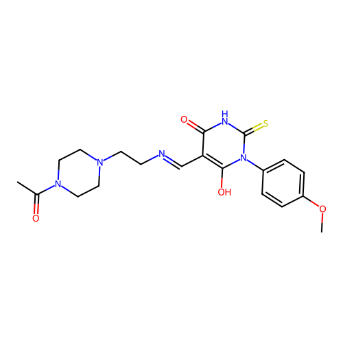 (E)-5-(((2-(4-acetylpiperazin-1-yl)ethyl)amino)methylene)-1-(4-methoxyphenyl)-2-thioxodihydropyrimidine-4,6(1H,5H)-dione structure