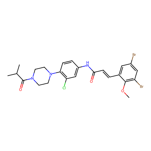 (2E)-N-{3-chloro-4-[4-(2-methylpropanoyl)piperazin-1-yl]phenyl}-3-(3,5-dibromo-2-methoxyphenyl)prop-2-enamide structure