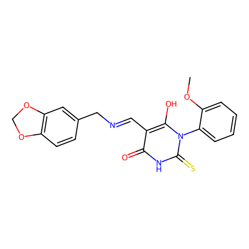 (5E)-5-[(1,3-benzodioxol-5-ylmethylamino)methylidene]-1-(2-methoxyphenyl)-2-sulfanylidene-1,3-diazinane-4,6-dione structure