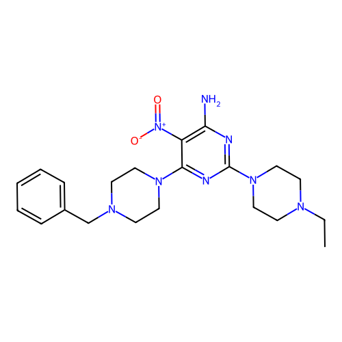 6-(4-Benzylpiperazin-1-yl)-2-(4-ethylpiperazin-1-yl)-5-nitropyrimidin-4-amine structure