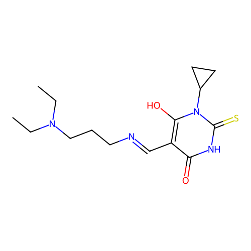 (5E)-1-cyclopropyl-5-({[3-(diethylamino)propyl]amino}methylidene)-2-sulfanylpyrimidine-4,6(1H,5H)-dione structure