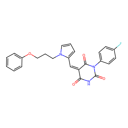 (5Z)-1-(4-fluorophenyl)-5-{[1-(3-phenoxypropyl)-1H-pyrrol-2-yl]methylidene}pyrimidine-2,4,6(1H,3H,5H)-trione structure