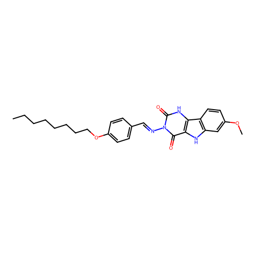 (E)-7-methoxy-3-((4-(octyloxy)benzylidene)amino)-1H-pyrimido[5,4-b]indole-2,4(3H,5H)-dione structure