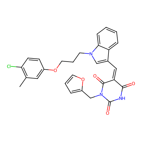 (Z)-5-((1-(3-(4-chloro-3-methylphenoxy)propyl)-1H-indol-3-yl)methylene)-1-(furan-2-ylmethyl)pyrimidine-2,4,6(1H,3H,5H)-trione structure