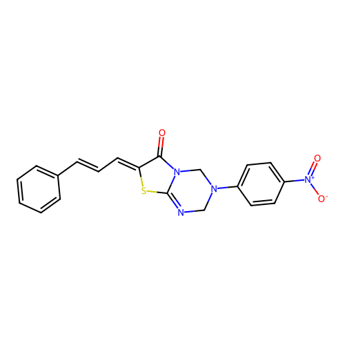(7Z)-3-(4-nitrophenyl)-7-[(E)-3-phenylprop-2-enylidene]-2,4-dihydro-[1,3]thiazolo[3,2-a][1,3,5]triazin-6-one structure