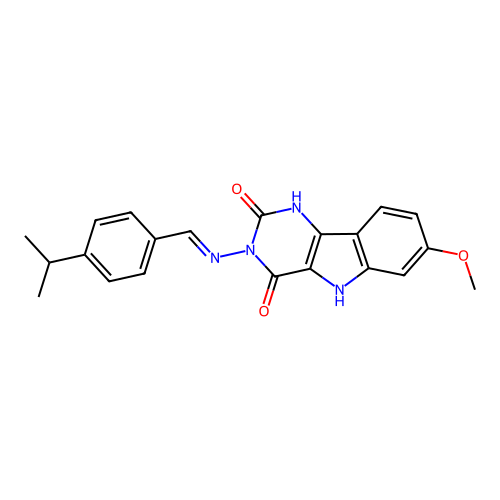 (E)-3-((4-isopropylbenzylidene)amino)-7-methoxy-1H-pyrimido[5,4-b]indole-2,4(3H,5H)-dione structure