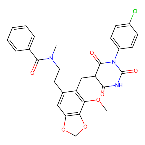 N-(2-(6-((1-(4-chlorophenyl)-2,4,6-trioxohexahydropyrimidin-5-yl)methyl)-7-methoxybenzo[d][1,3]dioxol-5-yl)ethyl)-N-methylbenzamide structure
