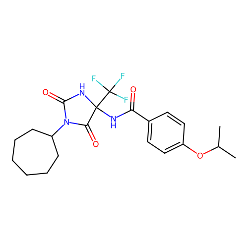 N-(1-cycloheptyl-2,5-dioxo-4-(trifluoromethyl)imidazolidin-4-yl)-4-isopropoxybenzamide structure