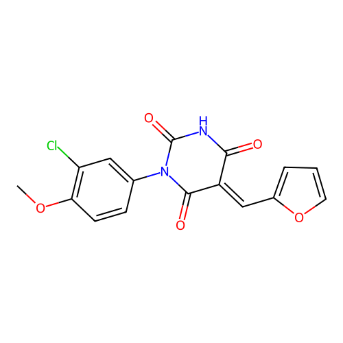 (5E)-1-(3-chloro-4-methoxyphenyl)-5-(furan-2-ylmethylidene)-1,3-diazinane-2,4,6-trione structure