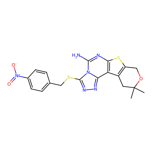 10,10-dimethyl-3-((4-nitrobenzyl)thio)-10,11-dihydro-8H-pyrano[4',3':4,5]thieno[3,2-e][1,2,4]triazolo[4,3-c]pyrimidin-5-amine structure