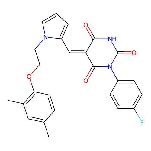 (E)-5-((1-(2-(2,4-dimethylphenoxy)ethyl)-1H-pyrrol-2-yl)methylene)-1-(4-fluorophenyl)pyrimidine-2,4,6(1H,3H,5H)-trione structure