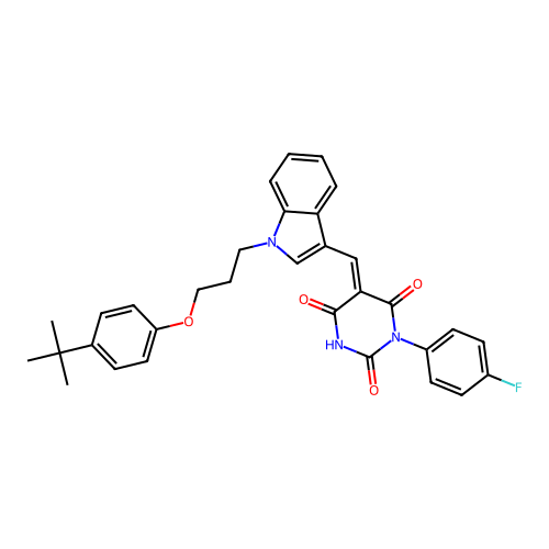 (E)-5-((1-(3-(4-(tert-butyl)phenoxy)propyl)-1H-indol-3-yl)methylene)-1-(4-fluorophenyl)pyrimidine-2,4,6(1H,3H,5H)-trione structure