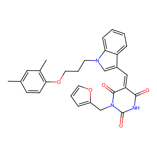 (Z)-5-((1-(3-(2,4-dimethylphenoxy)propyl)-1H-indol-3-yl)methylene)-1-(furan-2-ylmethyl)pyrimidine-2,4,6(1H,3H,5H)-trione structure