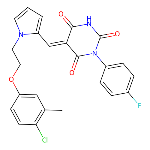 (E)-5-((1-(2-(4-chloro-3-methylphenoxy)ethyl)-1H-pyrrol-2-yl)methylene)-1-(4-fluorophenyl)pyrimidine-2,4,6(1H,3H,5H)-trione structure