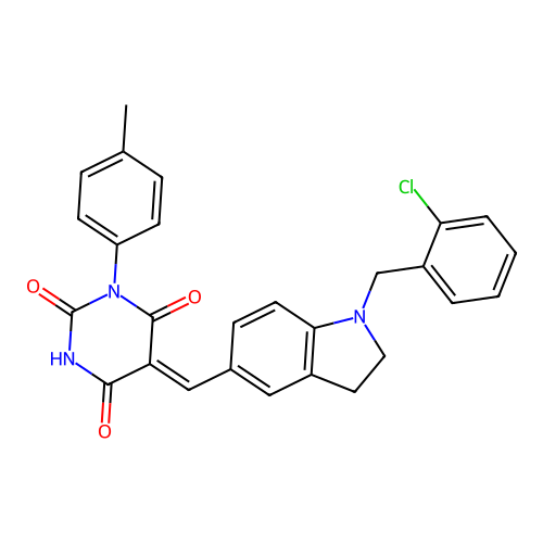 (5Z)-5-[[1-[(2-chlorophenyl)methyl]-2,3-dihydroindol-5-yl]methylidene]-1-(4-methylphenyl)-1,3-diazinane-2,4,6-trione structure