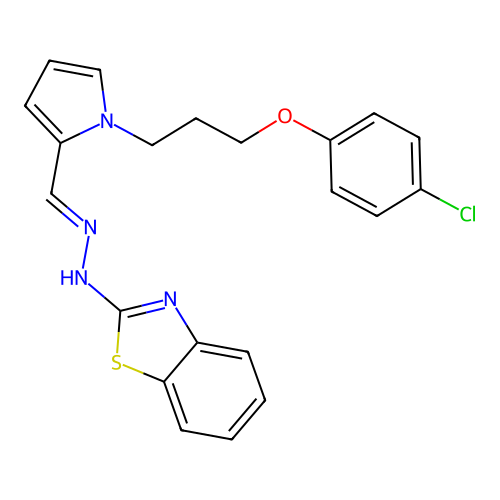 (2Z)-2-[(2E)-({1-[3-(4-chlorophenoxy)propyl]-1H-pyrrol-2-yl}methylidene)hydrazinylidene]-2,3-dihydro-1,3-benzothiazole structure