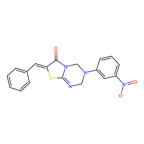 (7Z)-7-benzylidene-3-(3-nitrophenyl)-2,4-dihydro-[1,3]thiazolo[3,2-a][1,3,5]triazin-6-one structure