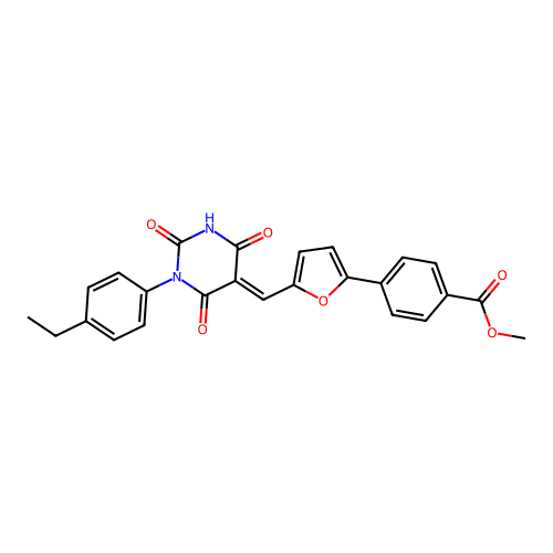 (E)-methyl 4-(5-((1-(4-ethylphenyl)-2,4,6-trioxotetrahydropyrimidin-5(2H)-ylidene)methyl)furan-2-yl)benzoate structure