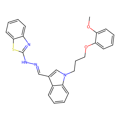N-[[1-[3-(2-methoxyphenoxy)propyl]indol-3-yl]methylideneamino]benzothiazol-2-amine structure