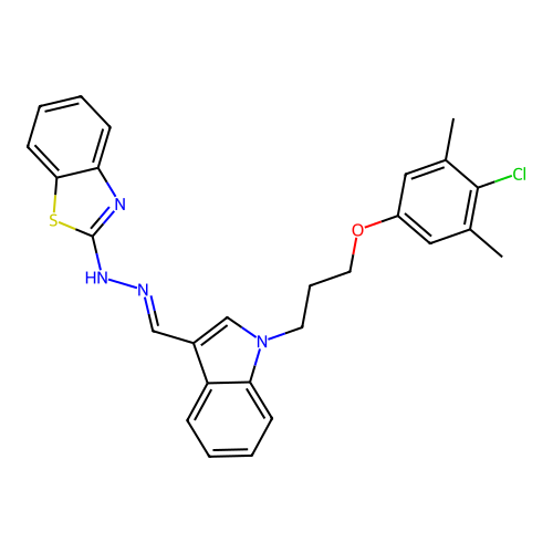 (2Z)-2-[(2E)-({1-[3-(4-chloro-3,5-dimethylphenoxy)propyl]-1H-indol-3-yl}methylidene)hydrazinylidene]-2,3-dihydro-1,3-benzothiazole structure