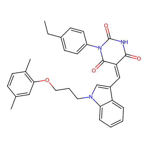 (5Z)-5-({1-[3-(2,5-dimethylphenoxy)propyl]-1H-indol-3-yl}methylidene)-3-(4-ethylphenyl)-6-hydroxypyrimidine-2,4(3H,5H)-dione structure