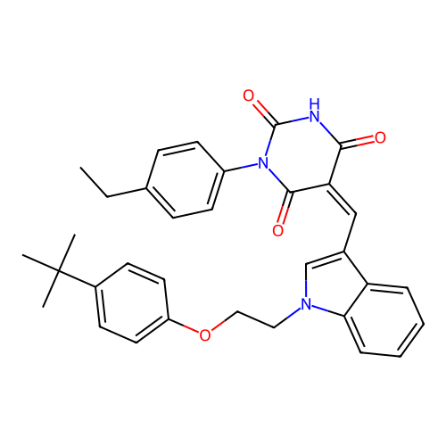 (5Z)-5-({1-[2-(4-tert-butylphenoxy)ethyl]-1H-indol-3-yl}methylidene)-1-(4-ethylphenyl)pyrimidine-2,4,6(1H,3H,5H)-trione structure