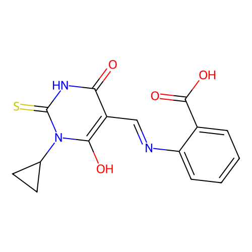 2-[(1-cyclopropyl-4,6-dioxo-2-sulfanylidene-1,3-diazinan-5-ylidene)methylamino]benzoic Acid structure