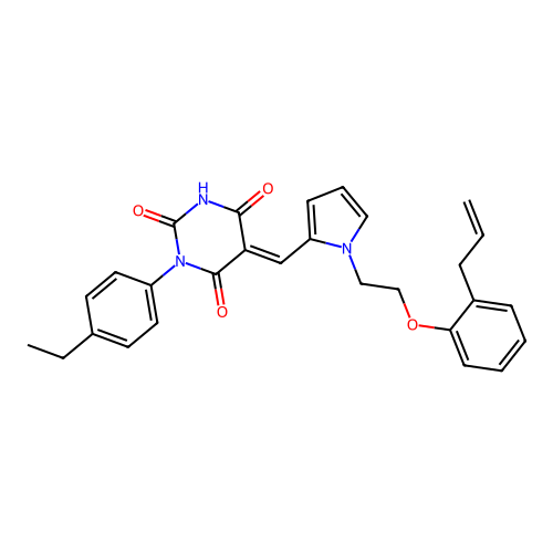 (5E)-1-(4-ethylphenyl)-5-[(1-{2-[2-(prop-2-en-1-yl)phenoxy]ethyl}-1H-pyrrol-2-yl)methylidene]pyrimidine-2,4,6(1H,3H,5H)-trione structure