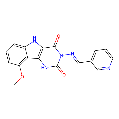 (E)-9-methoxy-3-((pyridin-3-ylmethylene)amino)-1H-pyrimido[5,4-b]indole-2,4(3H,5H)-dione structure