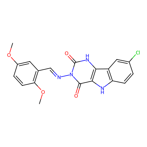 (E)-8-chloro-3-((2,5-dimethoxybenzylidene)amino)-1H-pyrimido[5,4-b]indole-2,4(3H,5H)-dione structure