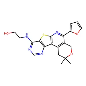2-((5-(furan-2-yl)-2,2-dimethyl-2,4-dihydro-1H-pyrano[4'',3'':4',5']pyrido[3',2':4,5]thieno[3,2-d]pyrimidin-8-yl)amino)ethanol structure