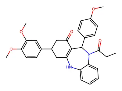 1-[3-(3,4-dimethoxyphenyl)-1-hydroxy-11-(4-methoxyphenyl)-2,3,4,11-tetrahydro-10H-dibenzo[b,e][1,4]diazepin-10-yl]propan-1-one structure