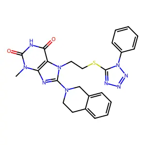 8-(3,4-dihydro-1H-isoquinolin-2-yl)-3-methyl-7-[2-(1-phenyltetrazol-5-yl)sulfanylethyl]purine-2,6-dione structure