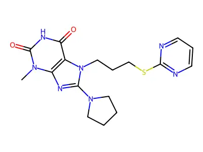 3-Methyl-7-(3-pyrimidin-2-ylsulfanylpropyl)-8-pyrrolidin-1-ylpurine-2,6-dione structure