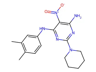 N4-(3,4-dimethylphenyl)-5-nitro-2-(piperidin-1-yl)pyrimidine-4,6-diamine structure