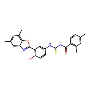 N-((3-(5,7-dimethylbenzo[d]oxazol-2-yl)-4-hydroxyphenyl)carbamothioyl)-2,4-dimethylbenzamide structure