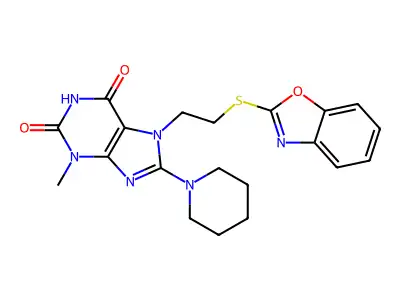 7-(2-(benzo[d]oxazol-2-ylthio)ethyl)-3-methyl-8-(piperidin-1-yl)-1H-purine-2,6(3H,7H)-dione structure