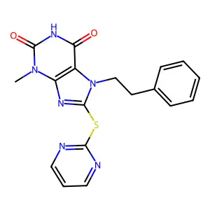 3-Methyl-7-(2-phenylethyl)-8-pyrimidin-2-ylthio-1,3,7-trihydropurine-2,6-dione structure